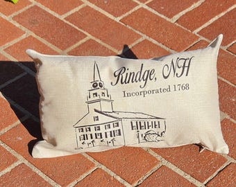 Rindge NH Pillow | Hometown Pride Throw Pillow | Historic Meeting House | New Hampshire Gift | Custom Town Decor | 10x17 Accent Pillow