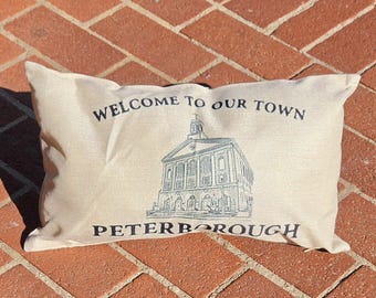 Peterborough NH Pillow | Hometown Pride Throw Pillow | Historic Town Hall | New Hampshire Gift | Welcome to Our Town Decor | 10x17 Pillow