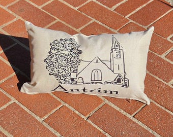 Antrim NH Pillow | Hometown Pride Throw Pillow | Historic Church Landmark | New Hampshire Gift | Small Town Decor | 10x17 Accent Pillow