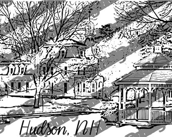 Hudson NH Pillow – Town Common Gazebo – Historic Hills House – New England Village Scene – Hometown Gift