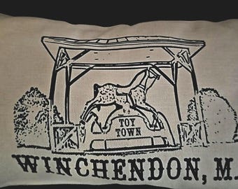 Winchendon MA Pillow – Toy Town Rocking Horse – Massachusetts Landmark – New England Decor – Hometown Gift