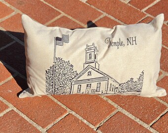 Temple NH Pillow | Hometown Pride Throw Pillow | Historic Meeting House | New Hampshire Gift | Classic New England Decor | 10x17 Pillow