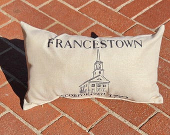 Francestown NH Pillow | Historic Church Design | Incorporated 1772 | New Hampshire Hometown Decor | Rustic Farmhouse Throw Pillow