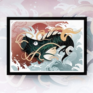 鯉のアート。水墨画。鯉の絵。日本の鯉。海の生き物のアート