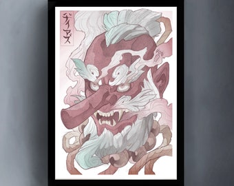 Tengu mask print, japanese demons art poster, japanese mask print, oni mask print, demon mask art print, japanese tattoo print, yokai art.