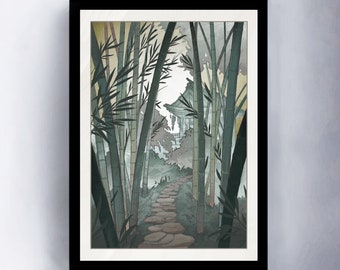 Japanse bamboe landschap illustratie, ukiyo e kunst, Japanse landschapsprint, bamboe print, Japanse landschapsschilderkunst, Japanse landschapsschilderkunst