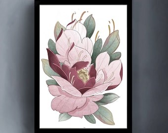 Ilustracion peonia japonesa, ilustracion flores japonesas, arte floral japones, arte japones botanico, cuadro floral japones, lamina peonia