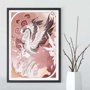 Crane print, crane bird painting, japanese crane art, crane illustration, crane bird wall art, tattoo print, crane art, japan poster.