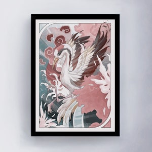 Japanese crane print, crane bird print, crane bird illustration, crane bird painting, japanese bird painting, Ukiyo-e, crane bird wall art.