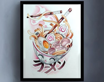 Ramen poster, ramen print, kawaii ramen print, tattoo print, tattoo flash art, japanese poster, kawaii art print, ramen bowl wall art.