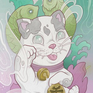 May include: A white cat with black and gray markings, holding a gold coin with Japanese characters. The cat is wearing a purple collar with a gold bell. The background is a watercolor style with green and purple leaves and a white cloud.