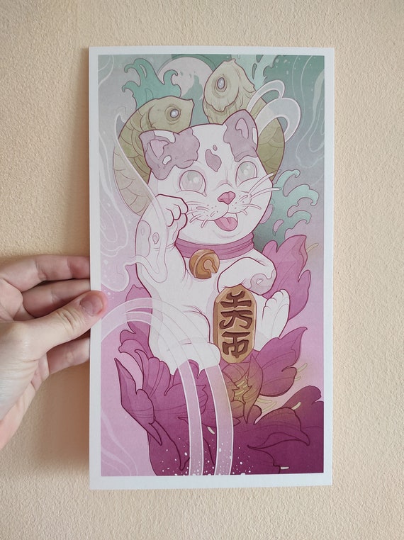 Ilustracion gato de la suerte, lamina kawaii japonesa decorativa, lamina gato de la suerte, lamina gato kawaii, ilustracion tattoo kawaii