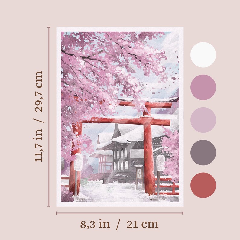 May include: A rectangular print featuring a Japanese temple scene with a red torii gate and cherry blossoms. The print measures 8.3 inches by 11.7 inches (21 cm x 29.7 cm). The artwork showcases a winter landscape with snow and soft colors.