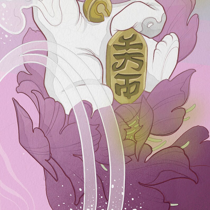 May include: A white hand holding a gold charm with the Japanese characters for "peace" written on it. The hand is surrounded by purple flowers with white accents.