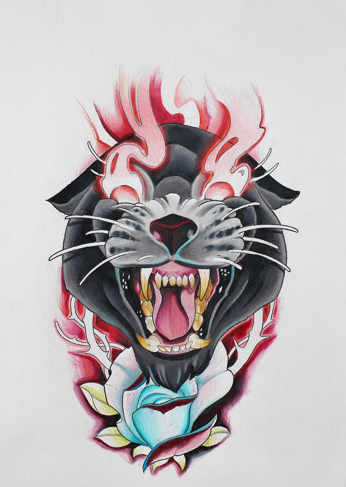 Panther wall art tattoo print neo traditional black panther | Etsy