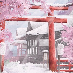 May include: Watercolor painting of a Japanese temple scene. A red torii gate frames the temple, with snow-covered roofs and cherry blossoms. The scene is painted in soft, muted colors, evoking a sense of peace and tranquility.
