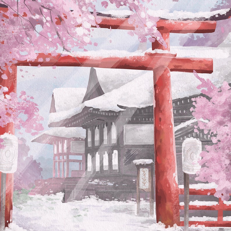 May include: Watercolor painting of a Japanese temple scene. A red torii gate frames the temple, with snow-covered roofs and cherry blossoms. The scene is painted in soft, muted colors, evoking a sense of peace and tranquility.