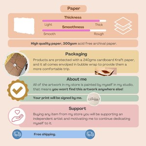 May include: A graphic with information about the paper, packaging, artist, and support for buying art prints. The paper is 300gsm acid free archival paper. The packaging is protected with a 240gms cardboard Kraft paper and bubble wrap. The artist is a painter who signs their prints. The support section encourages buyers to support independent artists.