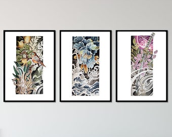 3 piece wall art japanese print, japanese watercolor illustration, japanese artwork, japanese painting, japanese wave print, peony print.