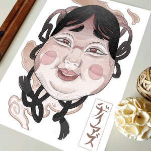 japanese okame mask art print, okame illustration, japanese mask print, demon mask print, oni print, yokai art print, okame painting.