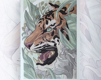 Tiger art print, tiger illustration, tiger wall art, tiger tattoo print, japanese tiger poster, japanese painting, neo traditional