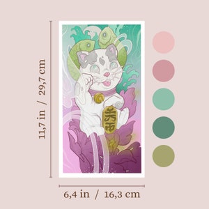 May include: A white Maneki-Neko, or lucky cat, with a gold coin in its paw, surrounded by pink, green, and purple flowers and waves. The cat is holding a gold charm with the Japanese character for "fortune" written on it. The background is a soft pink with a color palette of pink, green, and brown.