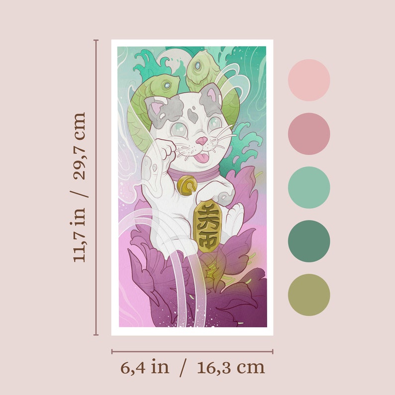 May include: A white Maneki-Neko, or lucky cat, with a gold coin in its paw, surrounded by pink, green, and purple flowers and waves. The cat is holding a gold charm with the Japanese character for "fortune" written on it. The background is a soft pink with a color palette of pink, green, and brown.