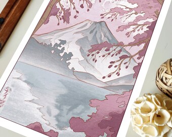 Japanse illustratie Mount Fuji, decoratieve print Mount Fuji, Japanse Fuji-kunst, ukiyo-e, Japanse bergschildering, Japanse bergschildering