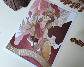 May include: A digital illustration of Athena, the Greek goddess of wisdom and war, depicted in a pink and gold color scheme. She is holding a spear and a shield, and is wearing a helmet and armor. The image is titled "Athena".