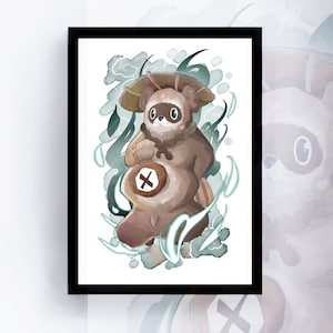 Tanuki art print, tanuki illustration, yokai art print, tanuki wall art, yokai painting, raccoon yokai print, racoon dog illustration