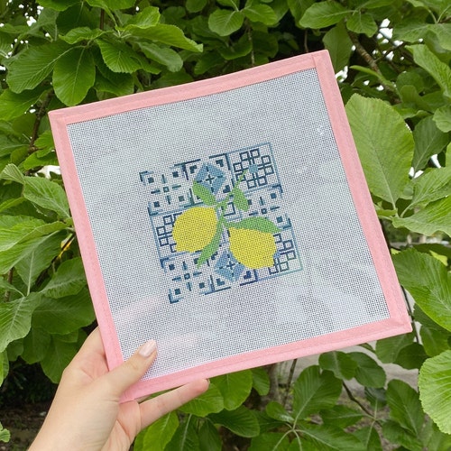 Lemons on Blue & White Tile Hand Painted Needlepoint Canvas Etsy