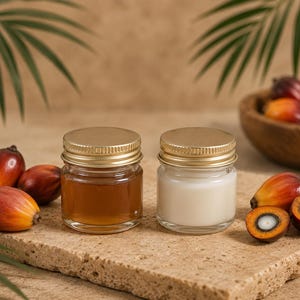 May include: Two small glass jars with gold lids, one filled with a light brown liquid and the other with a white cream. Palm fruit and palm leaves are in the background, suggesting natural skincare products.