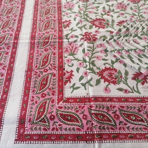 Red And White Color Table Cloths Flower Design Hand Block Print Home Stead Table Cloths Table Cover with Napkins 6 piece "60x90" Inch.