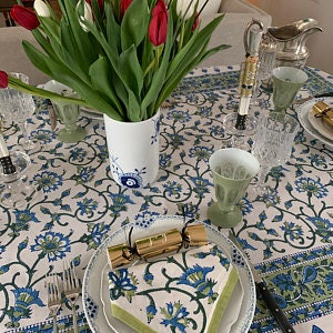 Cotton Tablecloths Indigo Blue Flower Design Hand Block Printed Home Stead Table Cloths Table Cover With Napkins 6 piece "60x90" Inch.