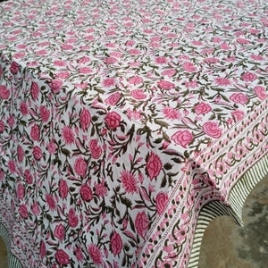 Pink color Indian Hand Made Tablecloths Floral Design Hand Block Printed Home Stead Table Cloths Table Cover Dinning Table Cover "60x90 Inch