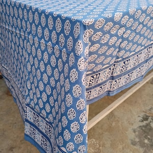 Indigo blue Cotton Tablecloths Flower Design Hand Block Printed Home Stead Table Cloths Table Cover With Napkins 6 piece "60x90" Inch.