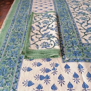 Olive Green With Indigo Blue Table Cloths Flower Design Hand Block Print Home Stead Table Cloths Table Cover Napkins 6 piece "60x90" Inch.