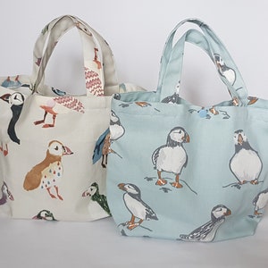 Handmade Puffin Fabric Tote Bag: Eco-Friendly Lunch Bag