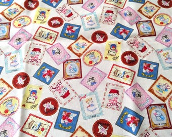 Japanese Kawaii Fabric Made in Japan - Retro Kitty & Bunny Stamp Pattern Cotton