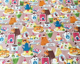 Kawaii Retro Cafe Fabric, Oxford Cotton, Animals & Desserts (Pancakes, Pudding, Cream Soda)