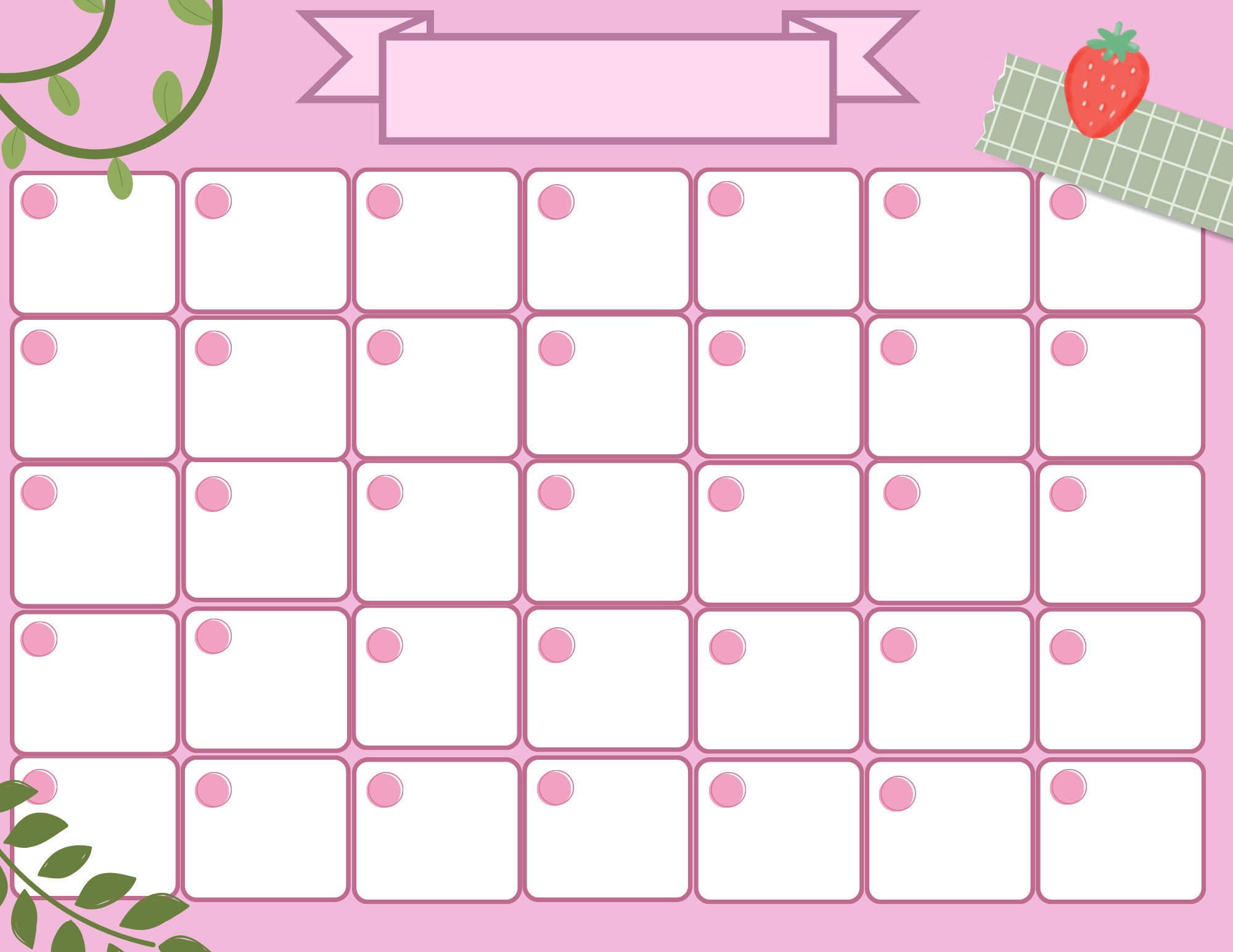 Strawberry Printable Calendar/ Cute Pink Calendar/ Digital/ Calendar Etsy