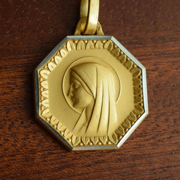 Our Lady Virgin Mary Gold Medal, Vintage French Religious Gold Filled Pendant, Religious Baptism Gift Communion, Mary Charm