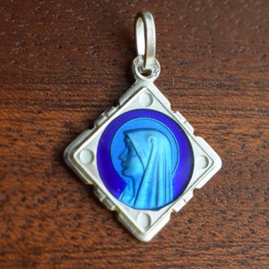 Blue Enamel Virgin Mary Portrait Medal, French Religious Sterling Silver Bracelet Charm, Virgin Mary Communion Gift, Mary Pendant