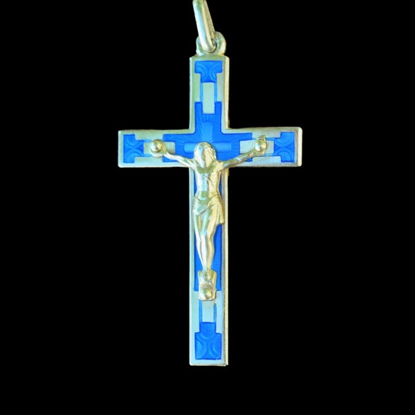 French Art Deco Gold Sterling Silver And Blue Enamel Cross Pendant
