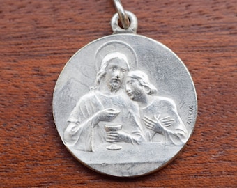 Antique The Eucharist, Angel Guardian  Medal by Tairac French Religious Medal Pendant Necklace