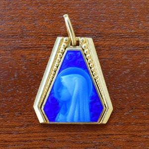 Our Lady Virgin Mary Portrait Medal, French Cloisonne Blue Enamel Catholic Pendant, Christian Charm, Christmas Gift
