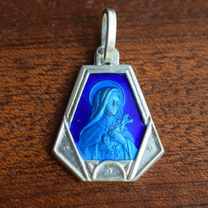 Vintage French Blue Enamel Saint Teresa Child of Jesus Pendant Medal Necklace