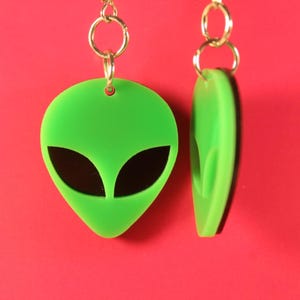 May include: A pair of green alien head earrings with black eyes, hanging from gold-colored hoops. One earring faces forward, the other is turned to the side. The background is a solid red.