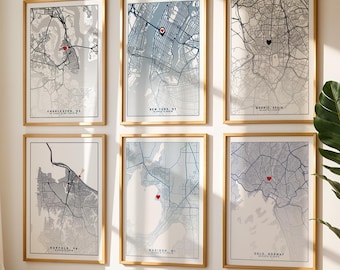Set van 6 aangepaste stadsplattegronden, gepersonaliseerde galerijmuurkunst (digitale download)