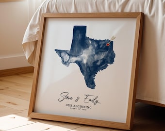 Impresión personalizada de mapa de Texas en acuarela, regalo de aniversario personalizado (descarga digital)